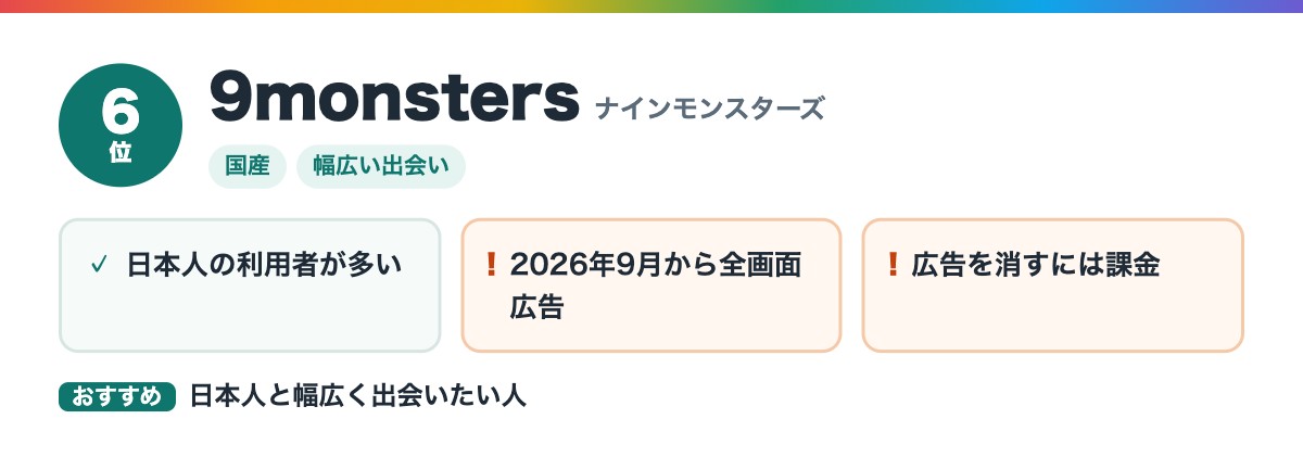 6位 9monsters(ナインモンスターズ)の特徴とおすすめな人
